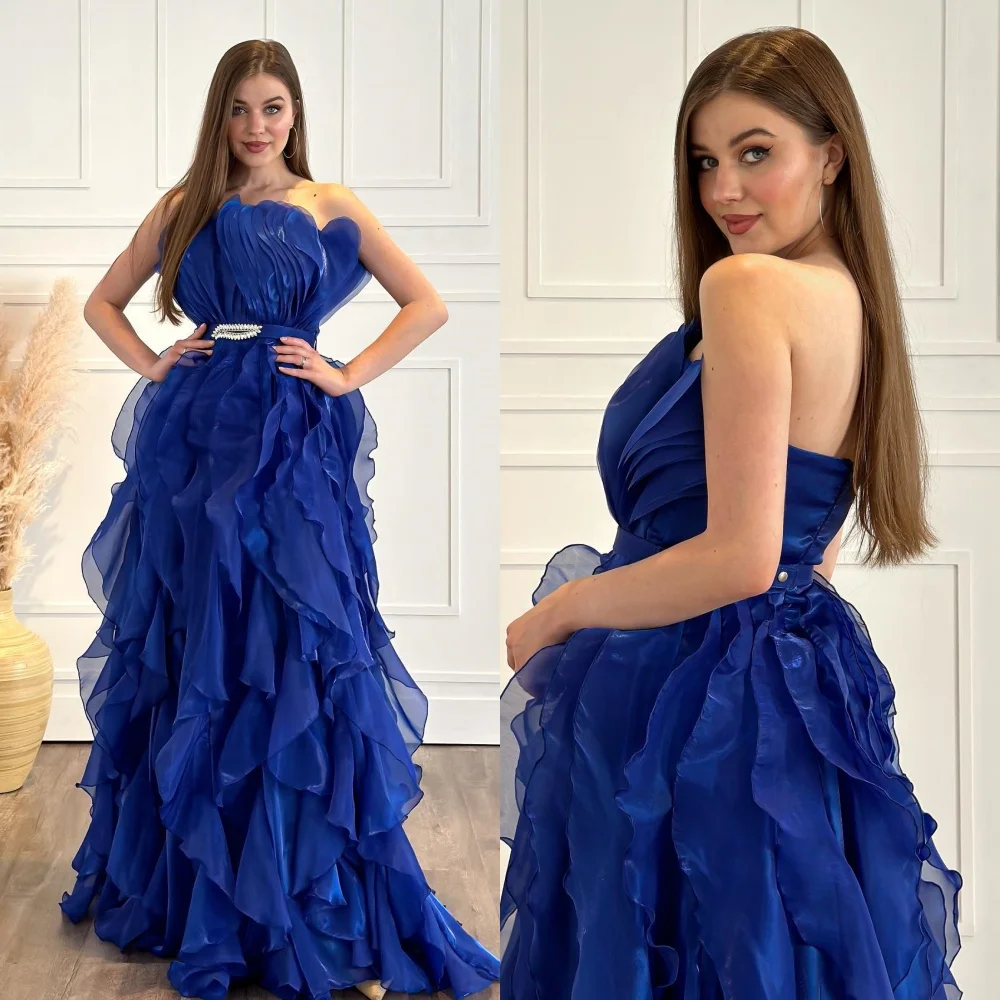 Customized Chiffon Sequined Beading Ruched Christmas A-line Strapless Bespoke Occasion Gown Long Dresses