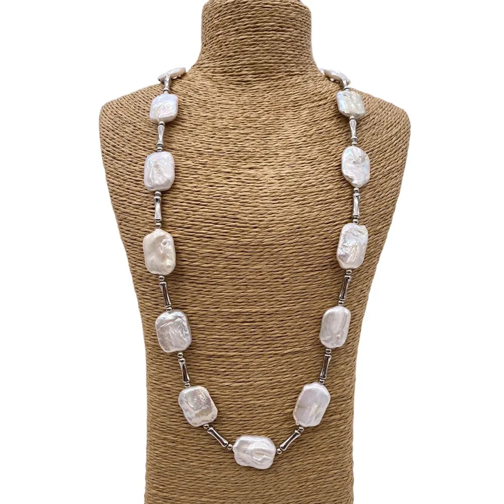60cm/23.62inch UNISEX  long pearl necklace or bracelet 19mm white flat rectangle shape baroque freshwater pearls