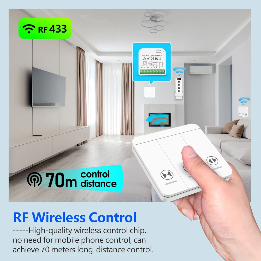 RF433 WiFi Curtain Switch with Wireless Remote Switch for Electric Roller Shutter Blinds Tuya Smart Life Google Home Alexa Alice