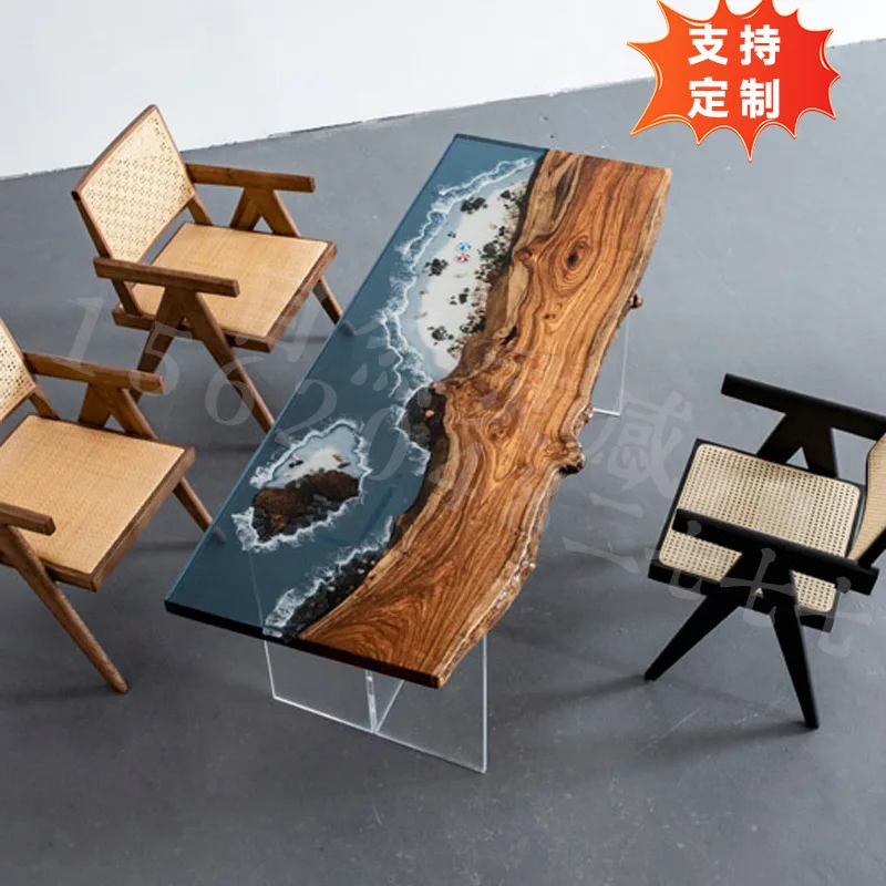 Epoxy Resin Tea Table Coffee Large Board  Tea Study Stream Ocean Dining Table Boss Office River Ice Crystal Tab
