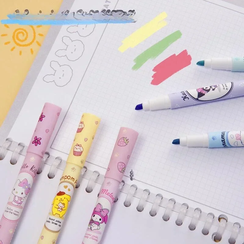 Kawaii Sanrio Marking Pen Cute Cartoon Hello Kitty Highlighter Stationery Kuromi My Melody Cinnamoroll  Office Supplies Gifts