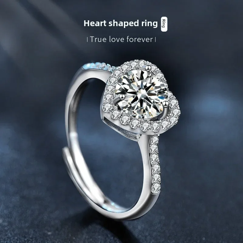 

Light luxury 925 sterling silver moissanite ring for women, adjustable opening love heart wedding ring gift