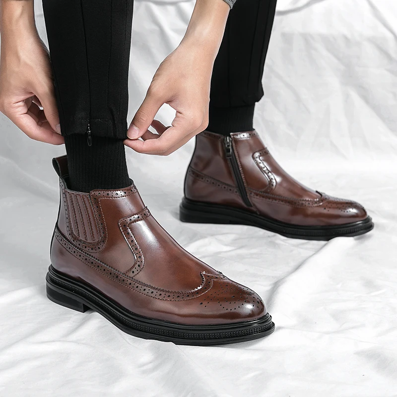 2026 Winter Men's High Quality Fashion Formal Shoes Top-grain Leather Wool Lining Warm Business Rubber Sole Non-slip Boots