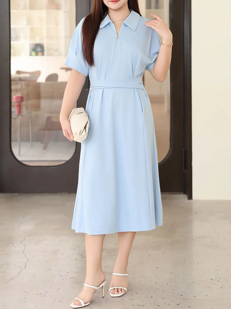 Women's High Waist Cross Bandage Commuter Polo Collar Dress, Short Sleeve, Casual, Summer, Good Quality, Plus Size, 2024