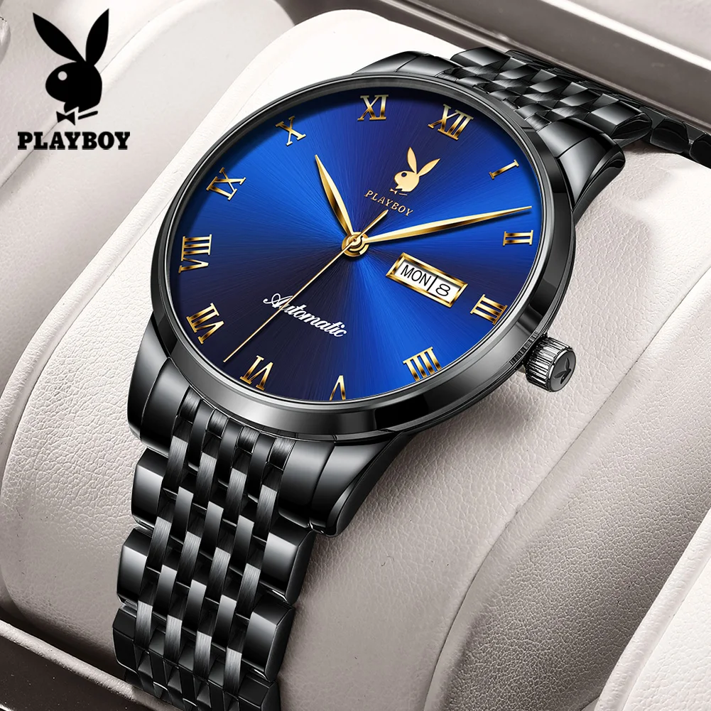 PLAYBOY Simple Waterproof Man Watch Business Dual Calendar Auto Date Male Watches Classic Automatic Mechanical Men\'s Wrist Watch