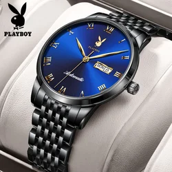 PLAYBOY Simple Waterproof Man Watch Business Dual Calendar Auto Date Male Watches Classic Automatic Mechanical Men's Wrist Watch