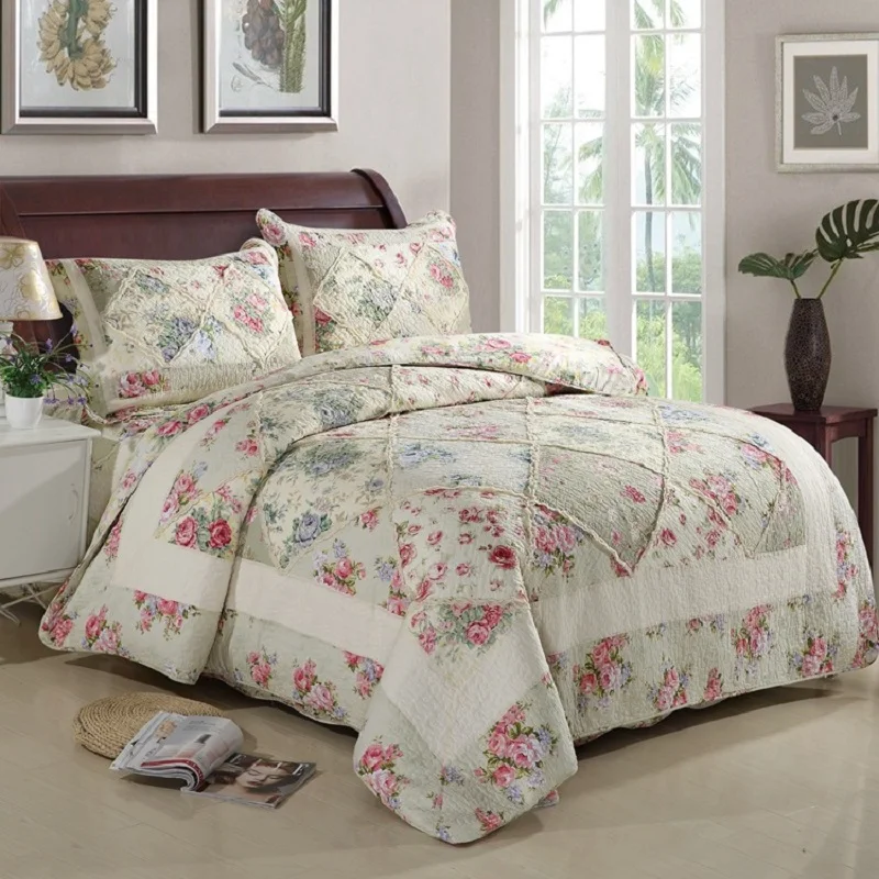 Floral Cotton Quilt Set 3pcs/4pcs Queen Size Lightweight Duvet Cover Set Bedspread Bed Coverlet Quilted Blanket for Bed