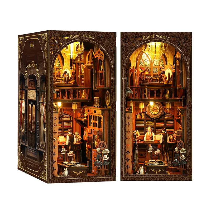 Venda quente diy livro nook prateleira kits de inserção de madeira modelo em miniatura kit cyberrpunk estante montado estante decoração para casa encaixotado
