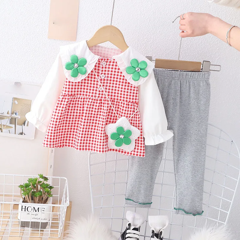 Spring Autumn Toddler Girl 2PCS Clothing Set Plaid Pullovers Grey Pant Children Girls Outfit Kids Suits