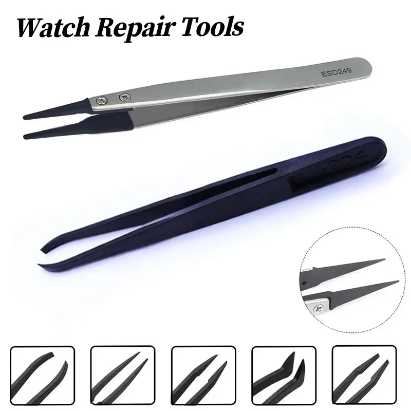 Watch Accessories Carbon Fiber Tweezer Watch Repair Tools Black/Stainless Anti-static Plastic Watch Trimmer Tools for Watchmaker