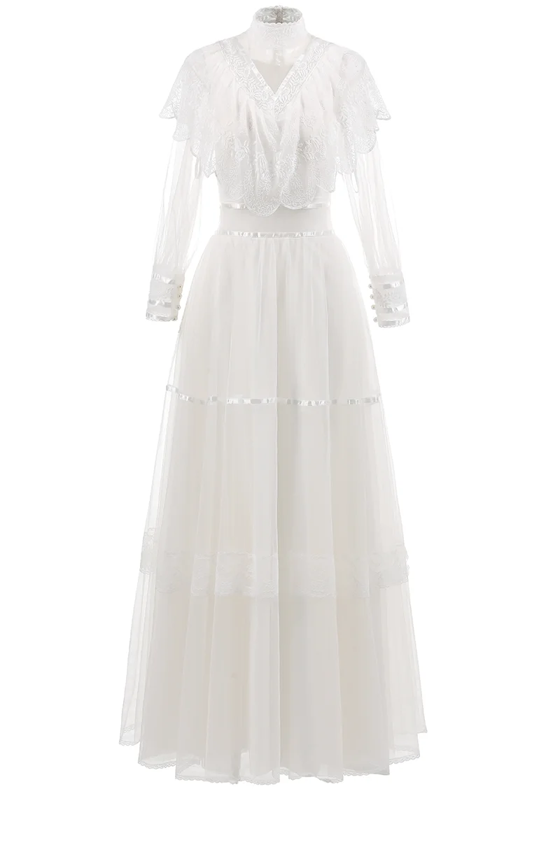 فستان نسائي طويل الأكمام من الفيكتوري من العصور الوسطى ، فستان زفاف مع الحجاب ، ثوب زفاف ، رقبة عالية ، تول ، زي خشبة ، أبيض