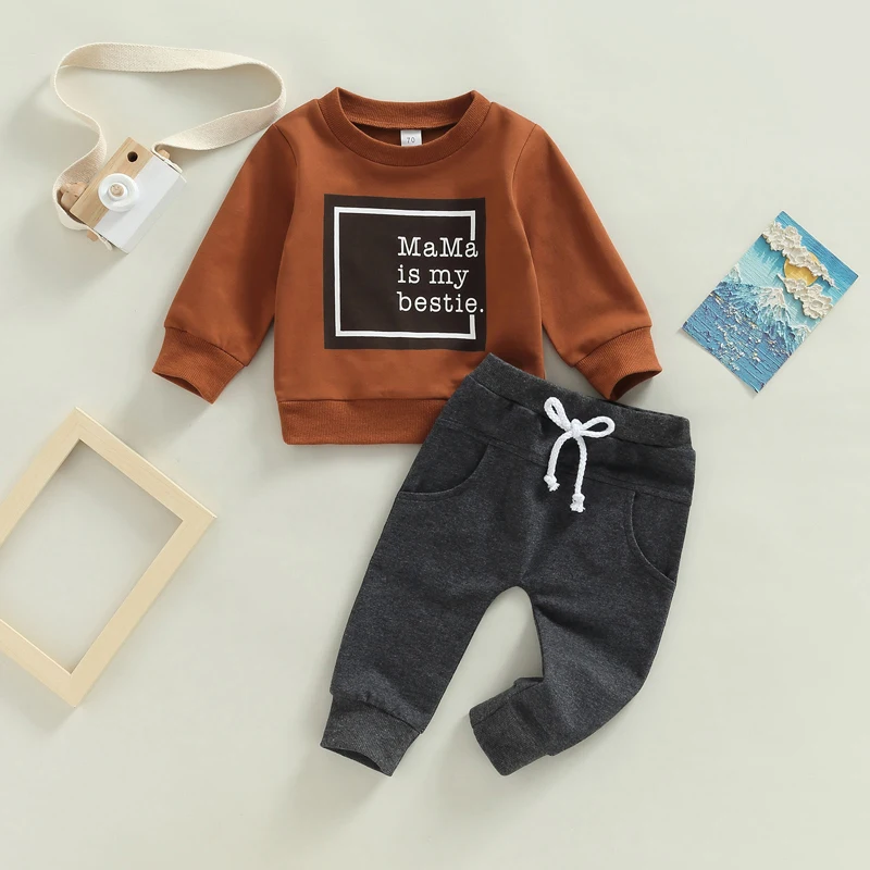 0-3Y Baby Boys Autumn Winter Clothes Set Kids Long Sleeve Letter Print Pullover Tops Sweatshirt Pants Toddler Casual Outfits