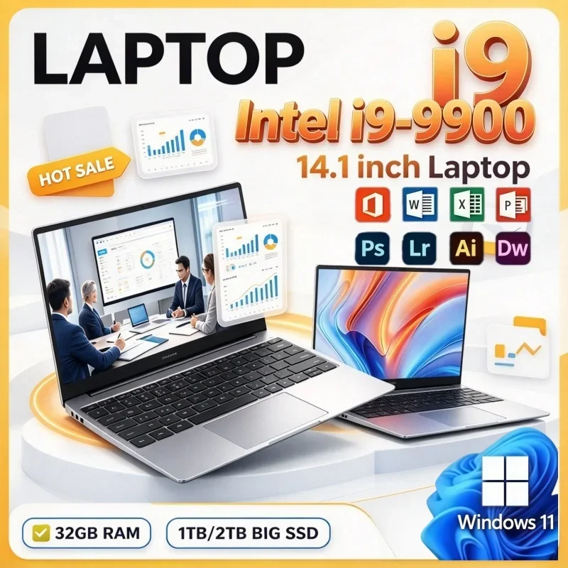 Intel i9-9900 Stylish Portable Laptop 14.1 Inch 2026 Ultra-thin Laptop Windows11 16GB/32GB RAM 1/2TB Large SSD