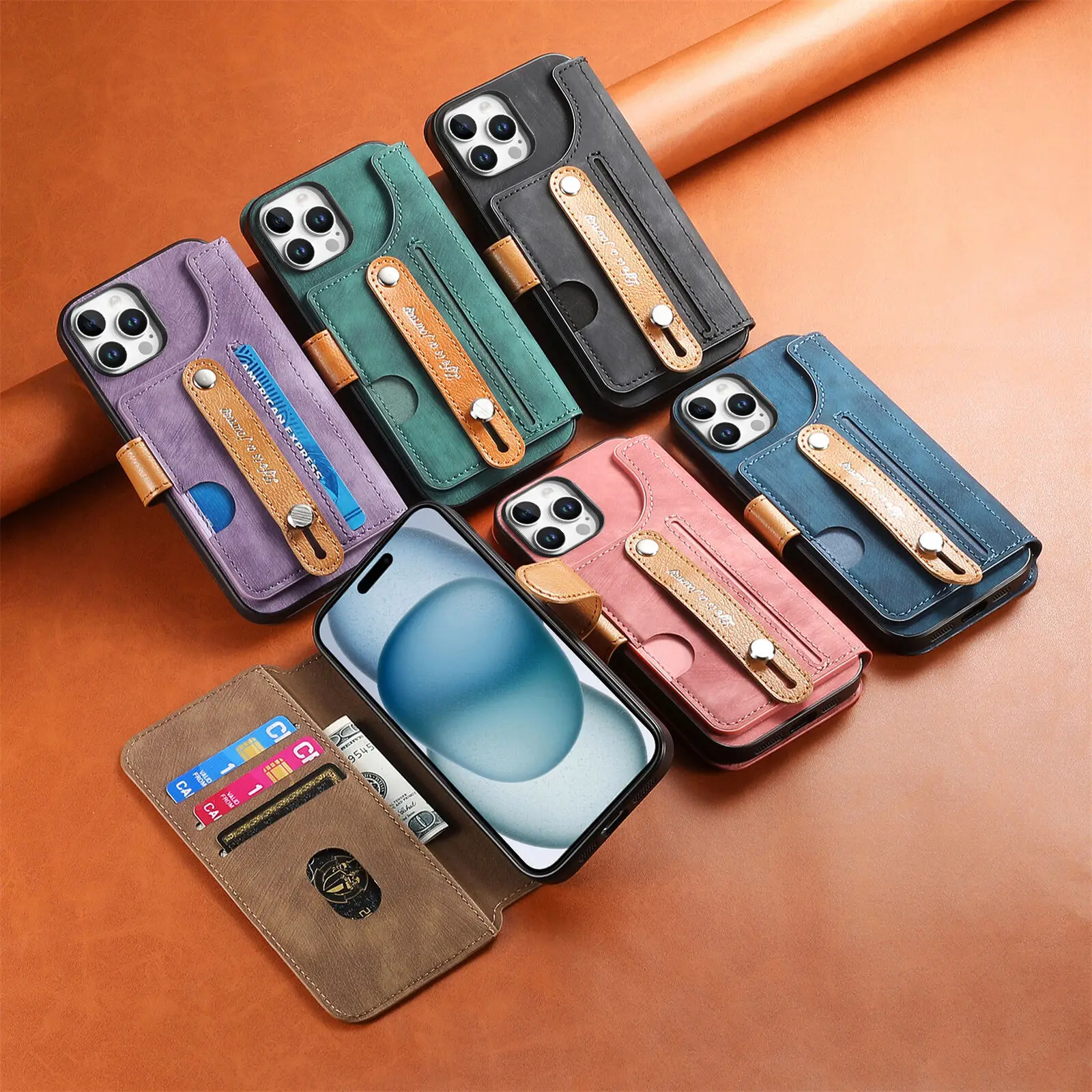 กระเป๋าสตางค์หนังสําหรับiPhone 16 15 14 Plus 13 12 11 Pro MaxสายKickstandช่องเสียบบัตรเครดิตกันกระแทกปกหลังShell
