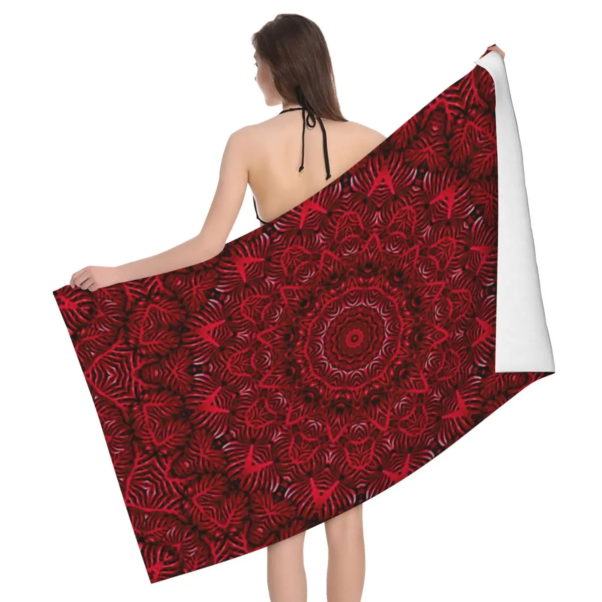 

Custom Red Passion Mandala Beach Towel Quick Dry Boho Floral Pattern Super Soft Microfiber Pool Sauna Towels