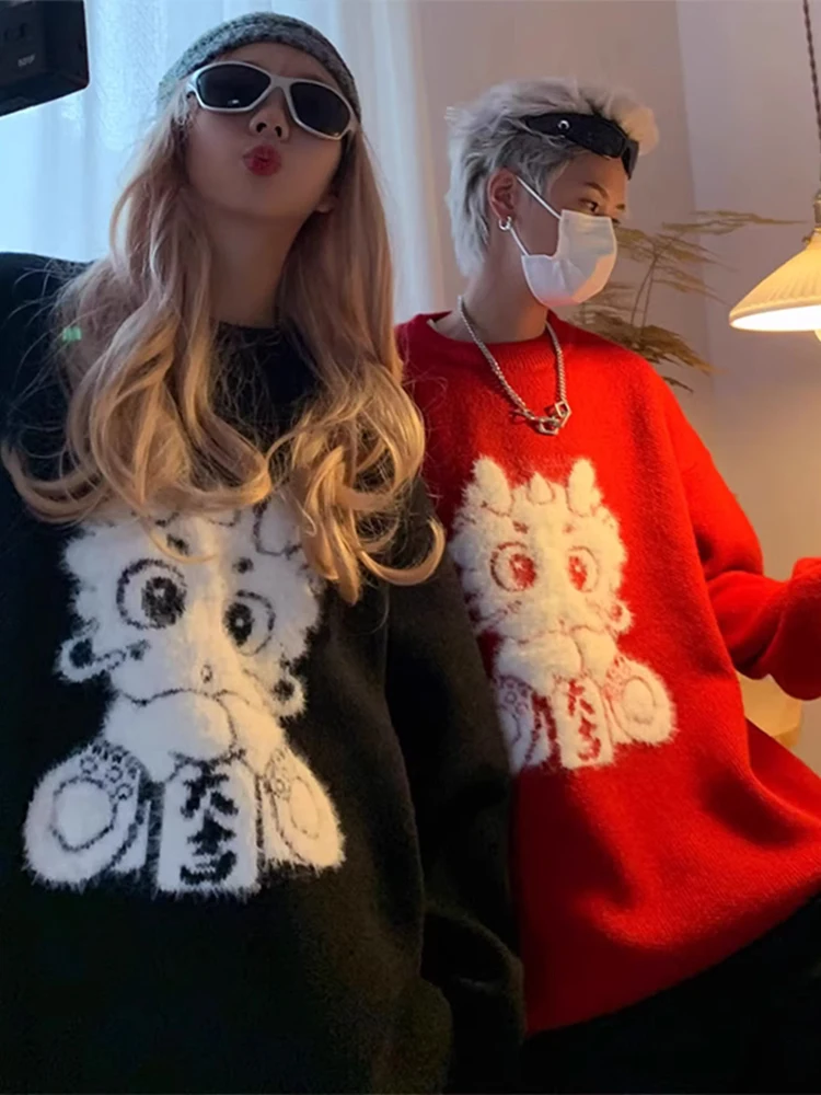 

Свободный вязаный свитер-худи красного цвета для мужчин, на Год Дракона, парная одежда на Год Луи, утепленный, с круглым вырезом, длинный рукав