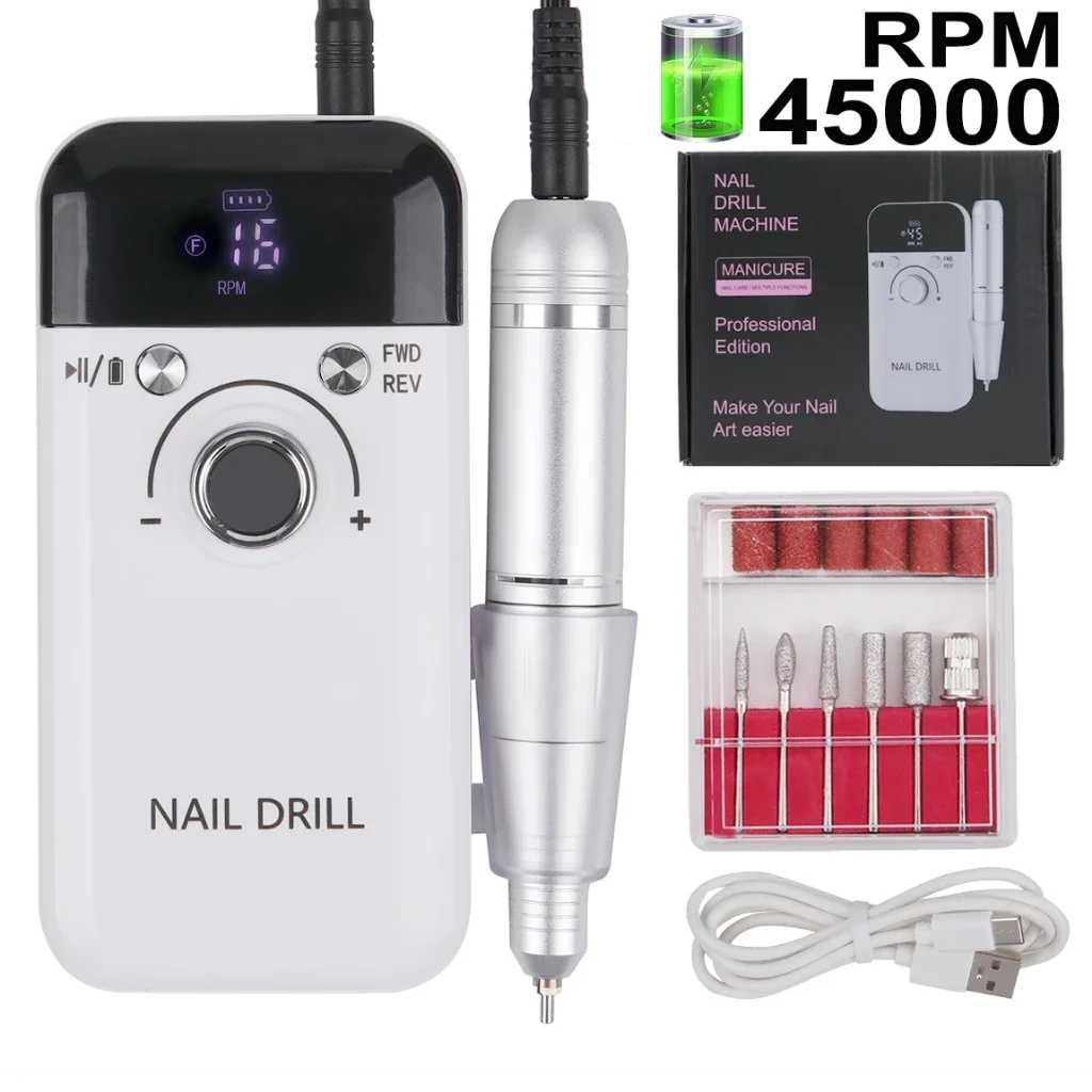 

Профессиональная электрическая портативная дрель для ногтей 45000 об/мин, перезаряжаемая малошумная шлифовальная машинка для ногтей, инструмент для маникюрного салона
