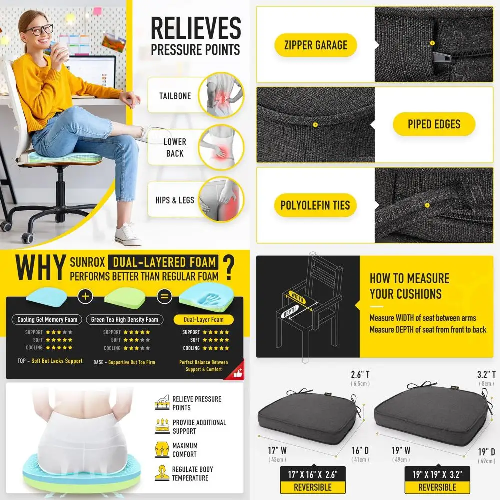 

Подушки для сидений из пены с эффектом памяти, устойчивые к выцветанию и пятнам, двусторонние с завязками, 19x19, набор из 4 шт., полночь