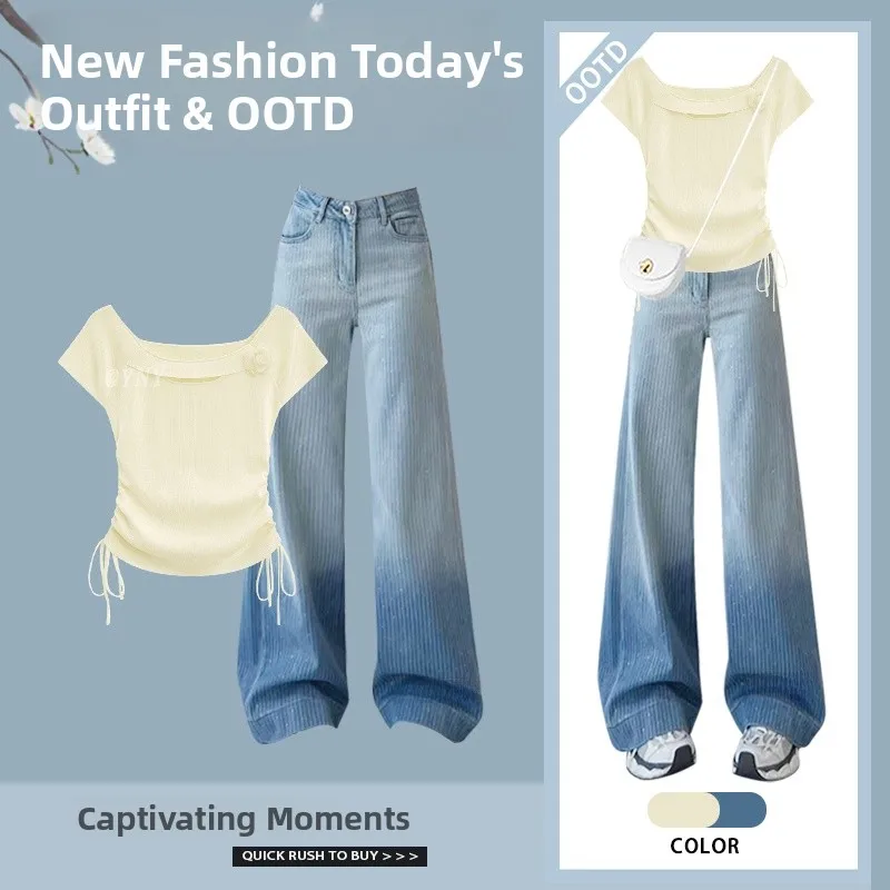 Top Dstring a vita alta dimagrante ort Sve Jeans da donna Summer Design Sense T-shirt abbinata a jeans a vita alta