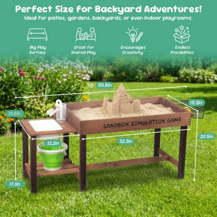 Outdoor wooden sand table for kids ages 3-8, natural wood finish, beige-brown color, sensory water and sand play activity table