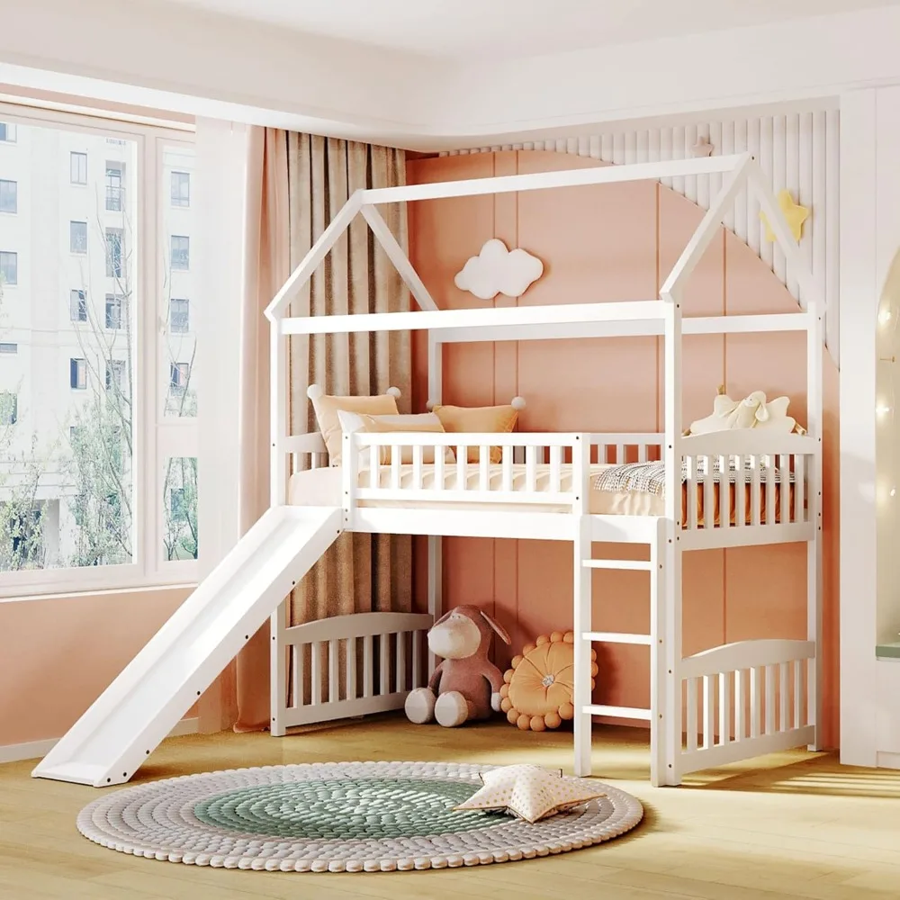 

Twin Wood Loft Bed with Roof, Guardrail, Built-in Ladder, and Slide, Wood House Bed/Low Toddler Bunk Bed for Kids Children Beds