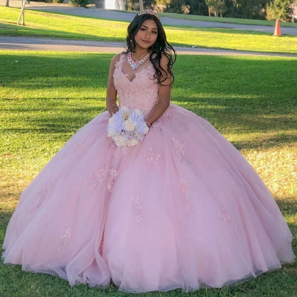 

ANGELSBRIDEP Ball Gown V Neck Quinceanera Dresses Pink Lace Appliqued Cap Shoulder Vestidos De 15 Anos Sweet 16 Dress