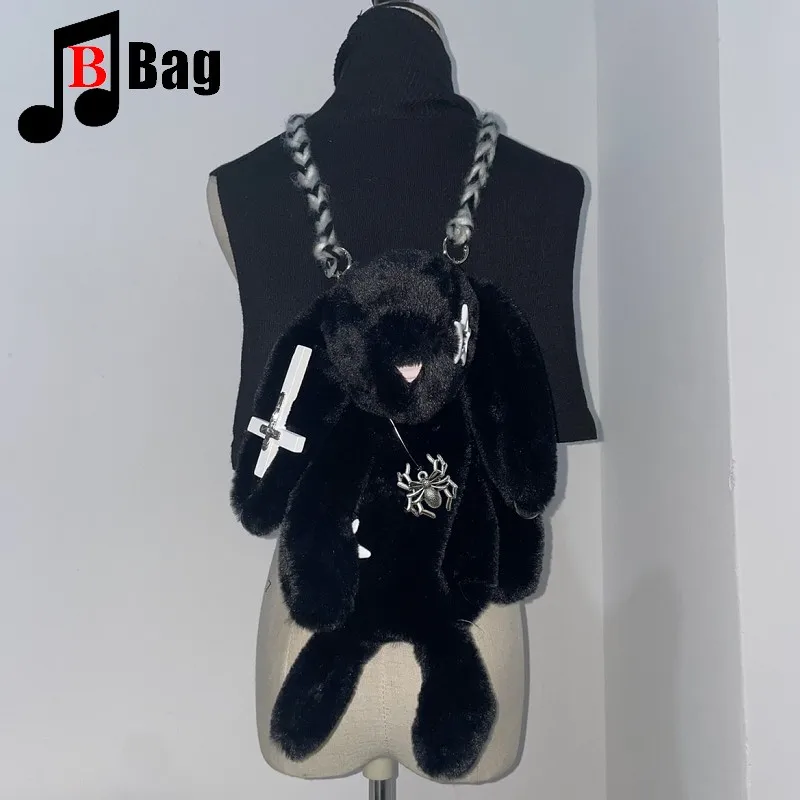 Harajuku Gothic Women Chain Crossbody Bags Soft Plush Ladies Purse Hanbag  Female Y2K Girl Punk shoulder bag tote Bunny Backpack