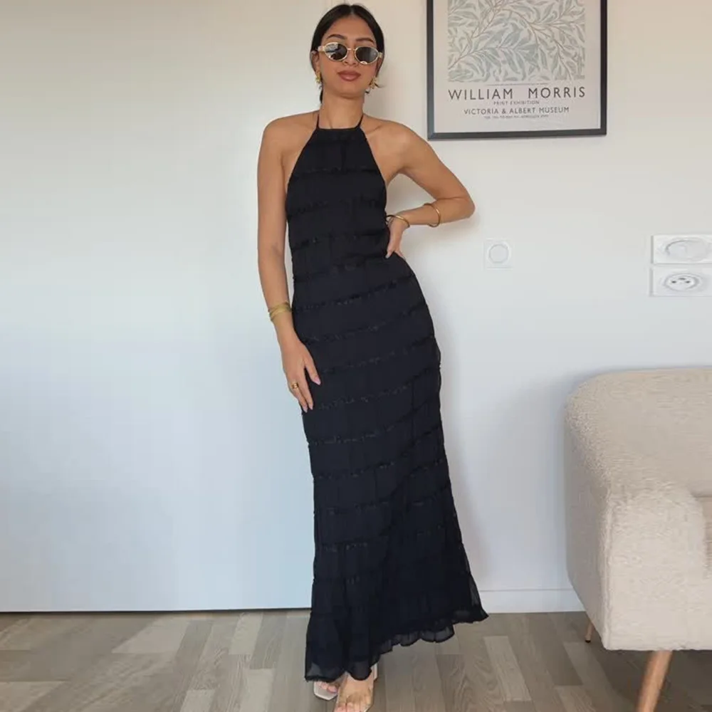 BWQ Women Summer Boho Sexy Coquette Maxi Dress Elegant Sleeveless Backless Tie-up Ruched Bodycon Holiday Clubwear Long Dress