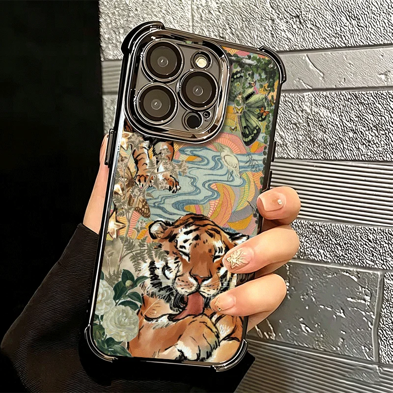 Superior Tiger Pattern Art Soft Phone Case For iPhone 15 16 17 Air 14 Pro Max 16E Plus 13 12 Mini Plating Anti-Fall Fundas