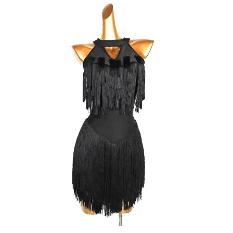 Robe de brevLatine pour Femme, Vêtement de Compétition à Franges, Noir, Sexy, Dos aux, FibrRégions ba, Samba, Chacha, Costumes