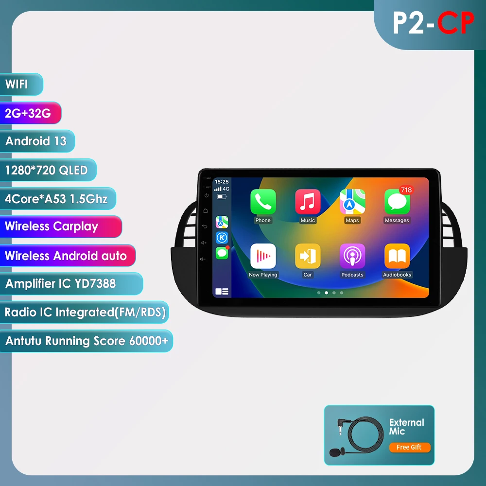OSSURET 1Din 8G 128G Carplay 9'' Android autoradio voor Fiat 500 2007-2014 GPS Multimedia Videospeler Navi 4G WIFI BT DSP 7862