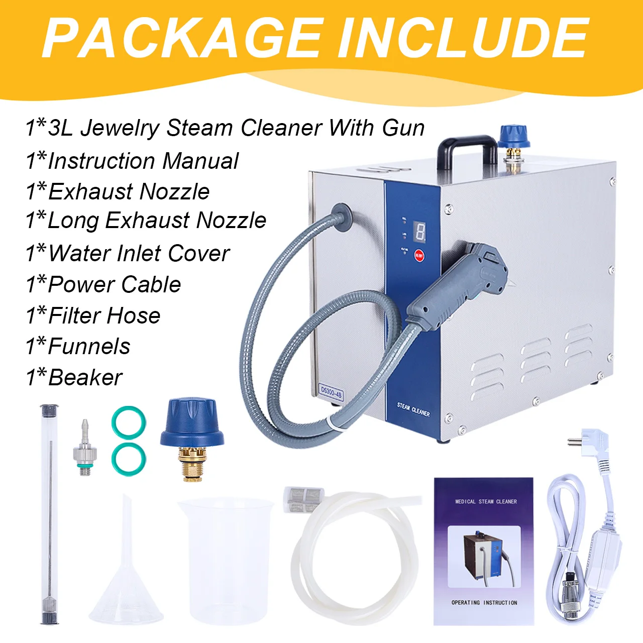 Tooltos 3L Stainless Steel Jewelry Steam Cleaner Handheld Steam Gun Gold Silver Jewelry Cleaning Equipment