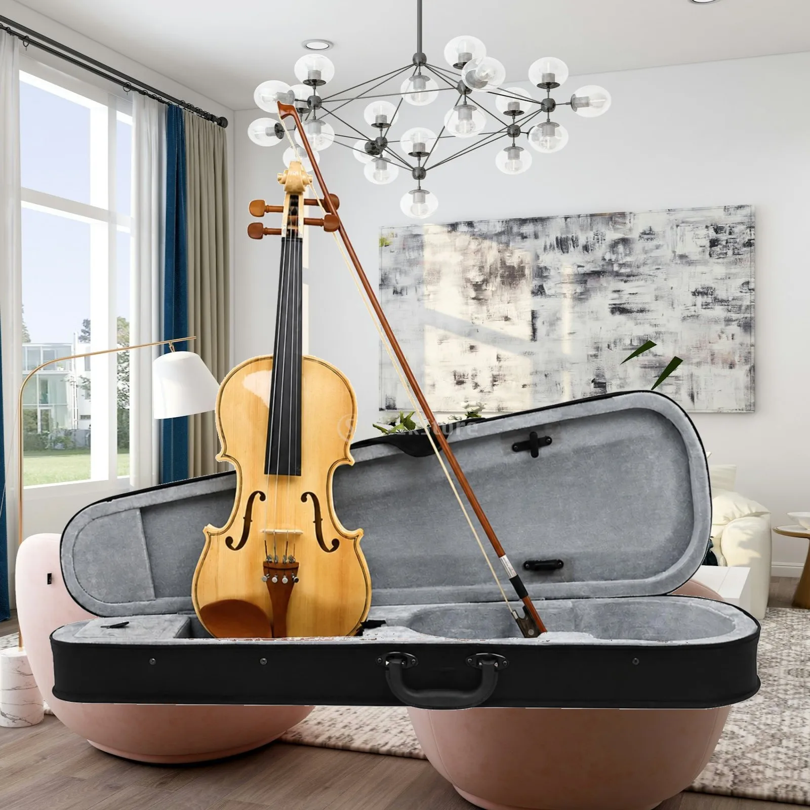 Full-Size 4/4 Violin Triangular Violin Set with Safeguarding Case Ready-to-Play Hand-Carved for Music Students, Daily Practice