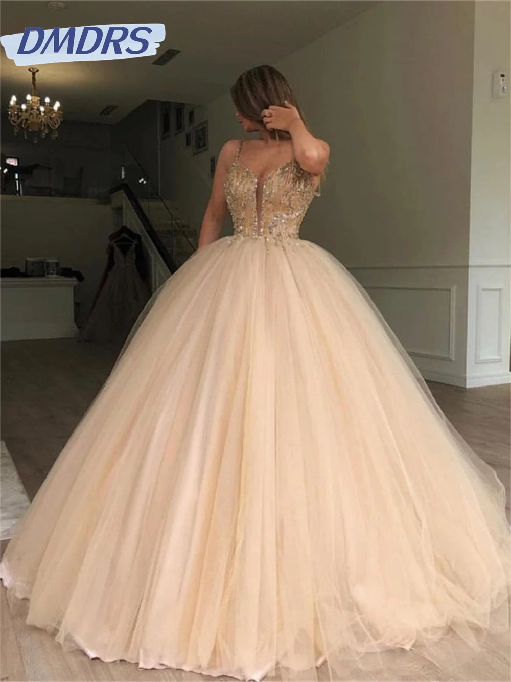 Sexy deep V-neck tulle Evening Gown 2024 Elegant beaded sleeveless dress Classic A-line floor-length Gowns Vestidos De Novia