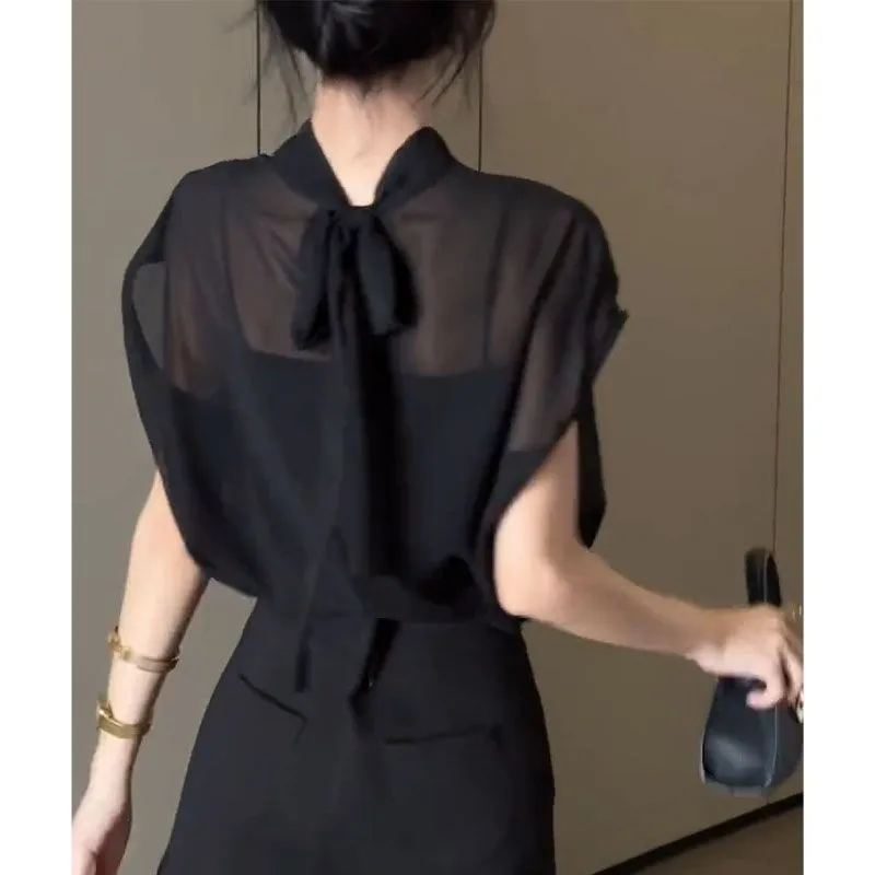 

Women s Sheer Chiffon Bow Tie Blouse 2025 Summer Casual Short Sleeve Shirt Wrap Neck Loose Fit Top Blouse