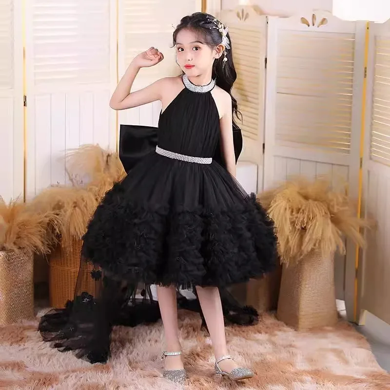 Girls Black Birthday Princess Dress Puffy Tulle Ball Gown with Train for Kids Pageant Party Performance Flower Girl Evening Gown