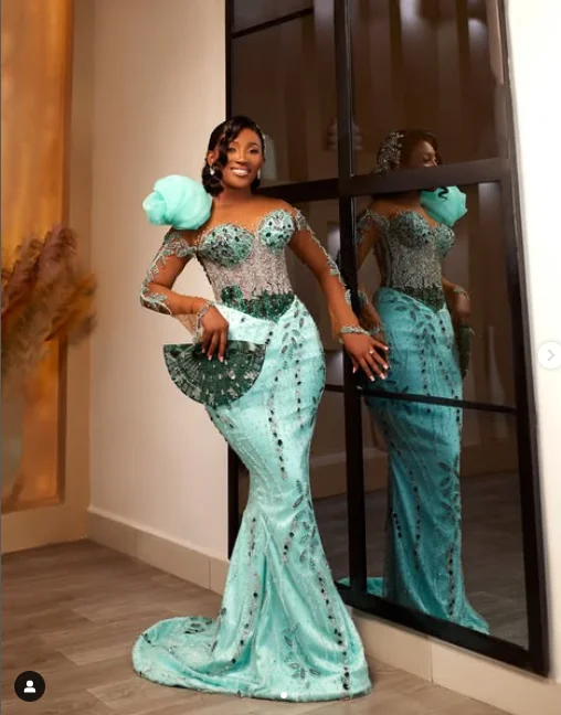 For Wedding Transparent Party Dress Aqua Beaded Mermaid Evening Dresses Applique Aso Ebi Sequin Prom Gowns with Sleeve Long