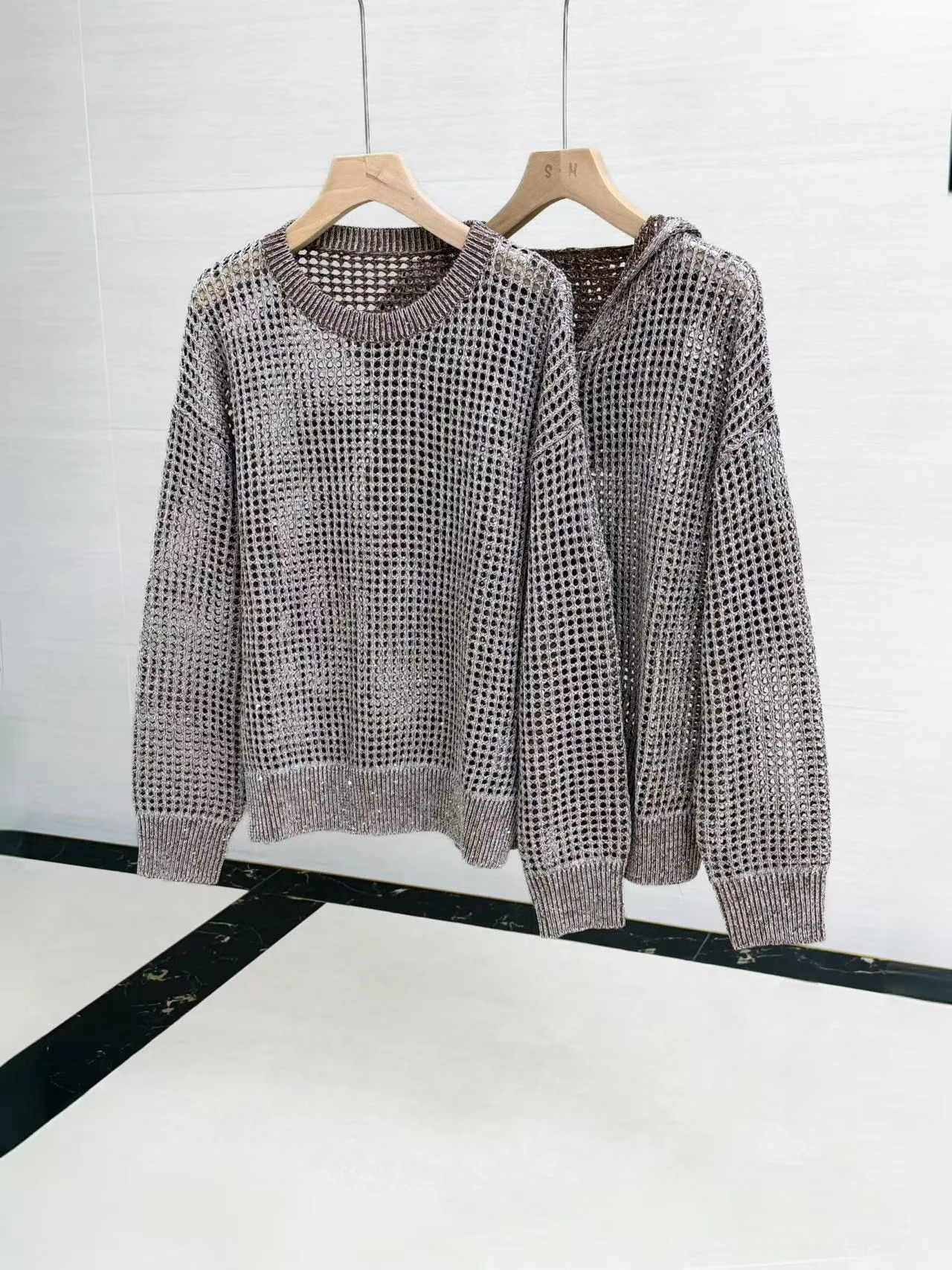 Luxury Glitter Metallic Open Grid Knit, Oversized See Through Long Sleeve Sweater & Hooded Cover Up