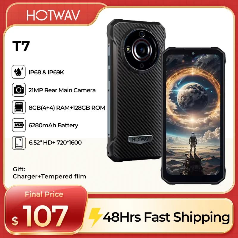 HOTWAV T7 Robuuste smartphone Android 13 Octa-core processor 6280 mAh Grote batterij 6,52 '' HD+ Display Nieuwe lichtgewicht mobiele telefoon