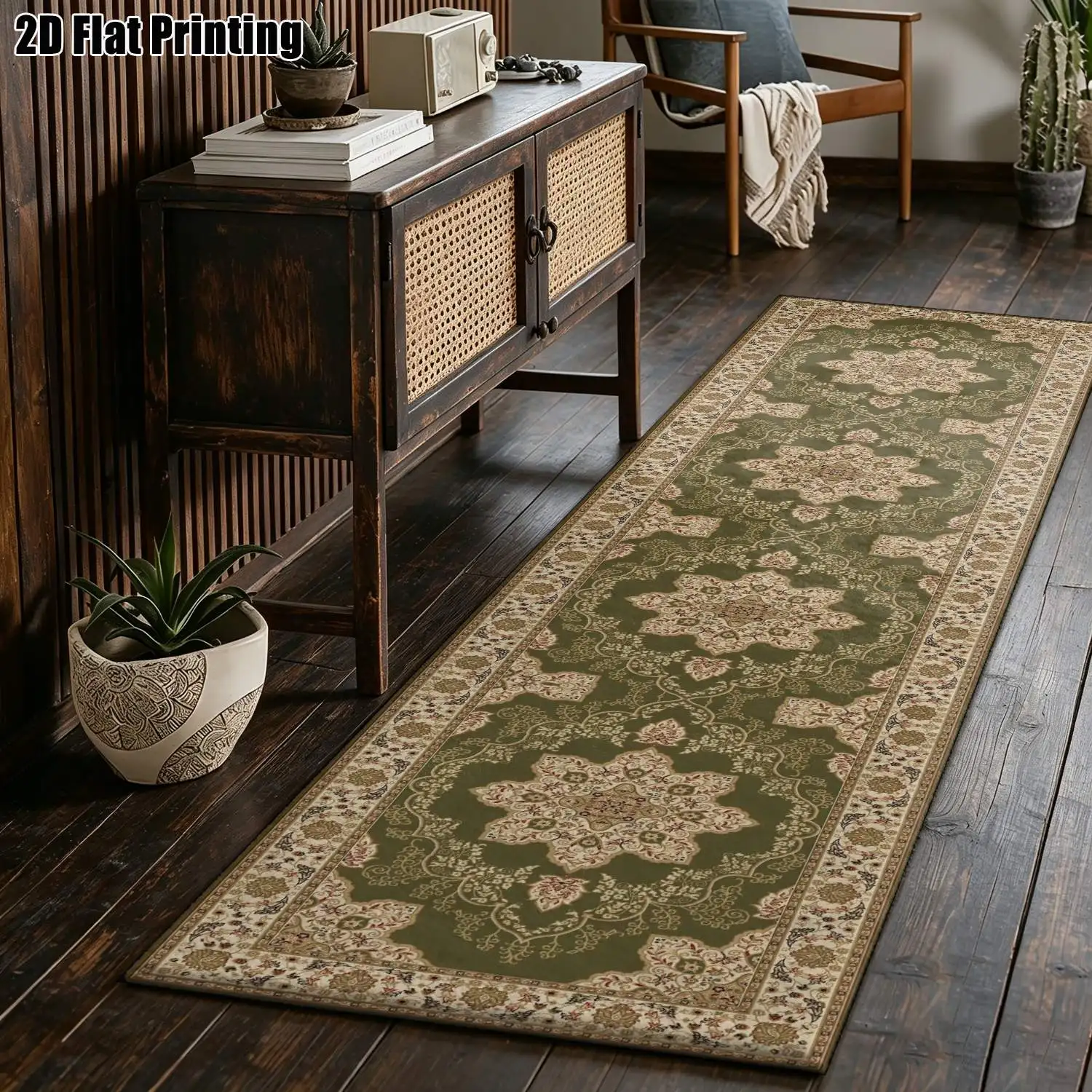 1Pc 2D Printed Long-Strip Runner Carpet with a Retro Green-Based Floral Pattern This European-Style Long-Strip Carpet Is Available in Various Sizes and Can Be Machine-Washed. It Is Suitable for Entrance Doors, Hallways, Living Rooms, and Bedrooms.