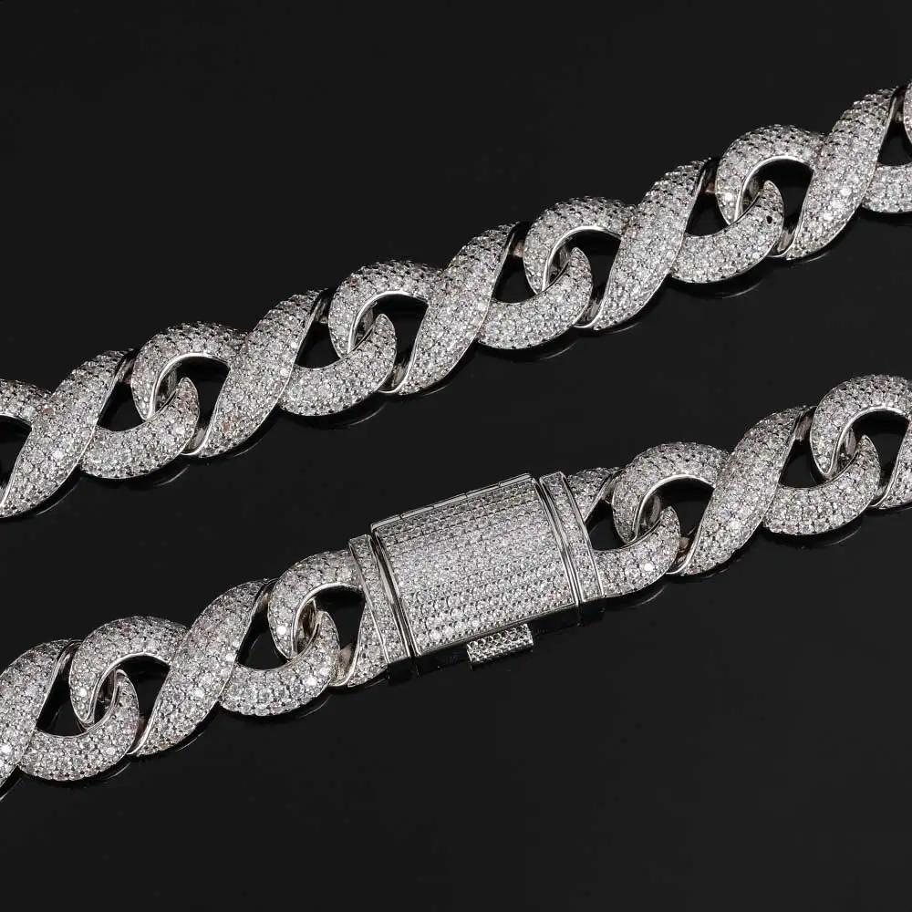 Hop Hip Jewelry Iced Out VVS Moissanite Cuban Link Chain 15mm 925 Sterling Silver Infinity Cuban Link Necklace.