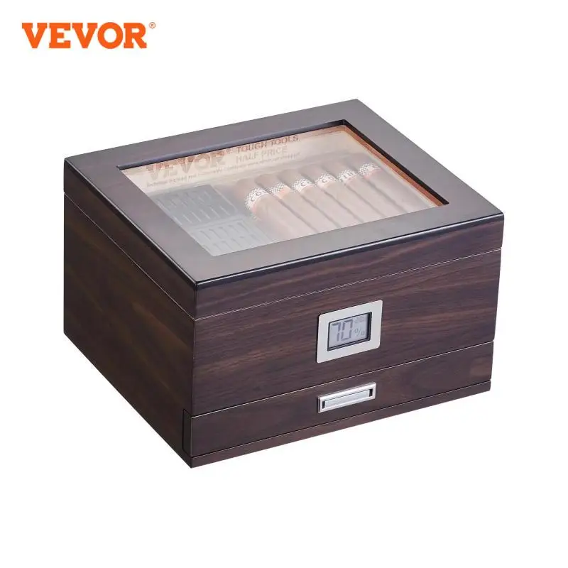 VEVOR Cigar Humidor Glass Top Cigar Humidor Box Handmade Spanish Cedar Wood Cigar Desktop Box Cigar Storage Case 30-50 Cigars