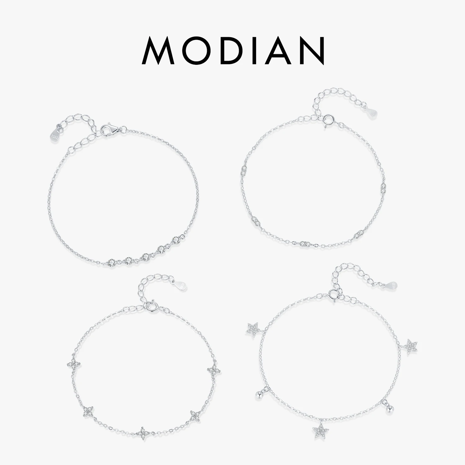 MODIAN 925 Sterling Silver Stars & Geometric Trendy Stackable Dainty Bracelets Regulowana bransoletka z łańcuszkiem dla kobiet Biżuteria