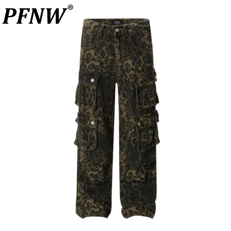 PFNW Neue Mode Herren Jeans Leopardenmuster Abgenutzte Männliche Gerade Denim Hose Breites Bein Multi-Pocket-Hose 2024 Trendy 28W3483