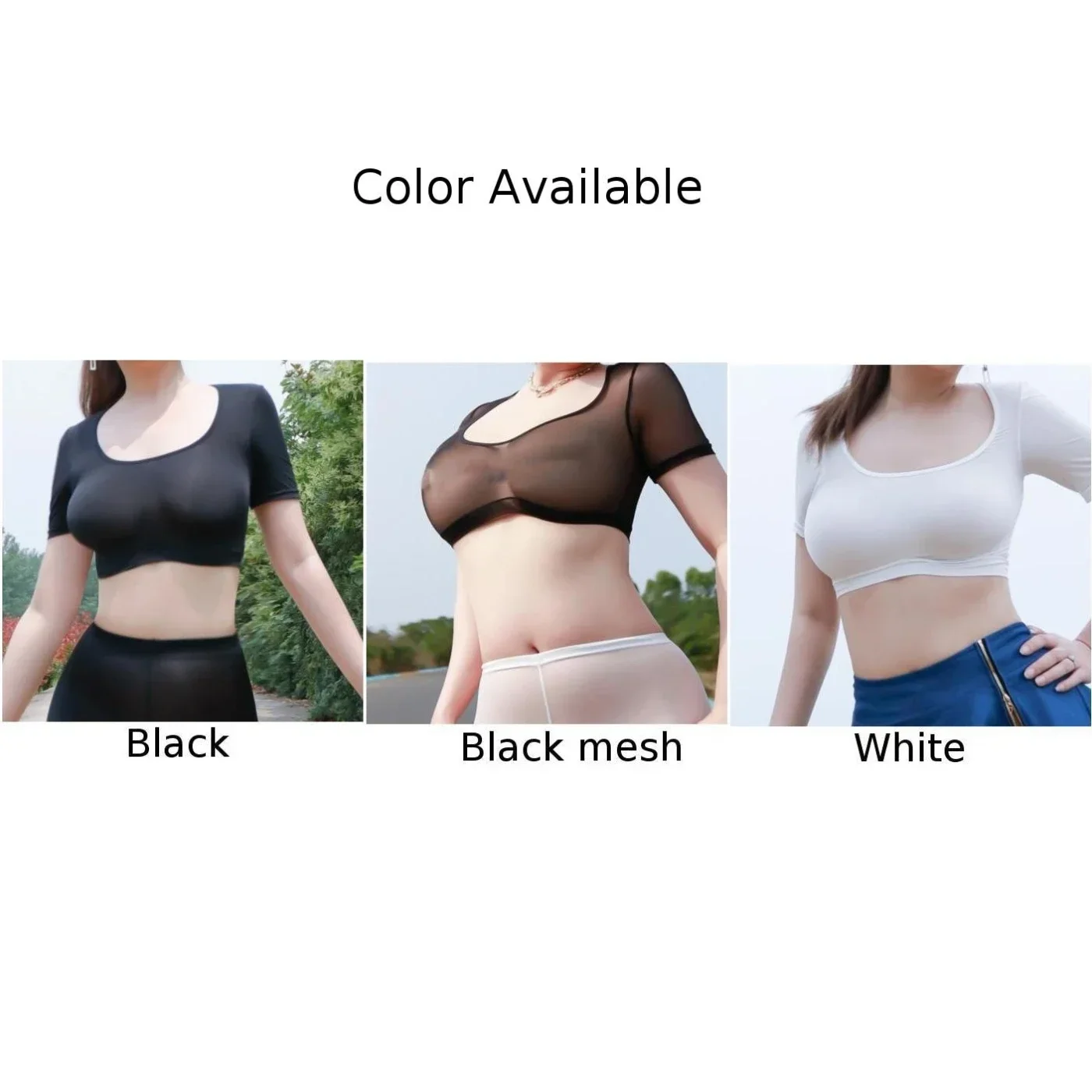 T-Shirt Damskie Topy Przepuszczalna Seksowna Bielizna Nocna Przezroczysty Crop Top Krótki Rękaw Jednolity Kolor Moda Sportowa