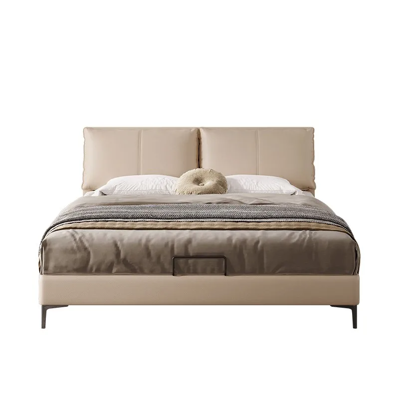 Modern Minimalist Bedroom Furniture Bed For Hotel Apartment Suite Top-Grain Leather Upholstered Bed Frame With Noiseless Slats