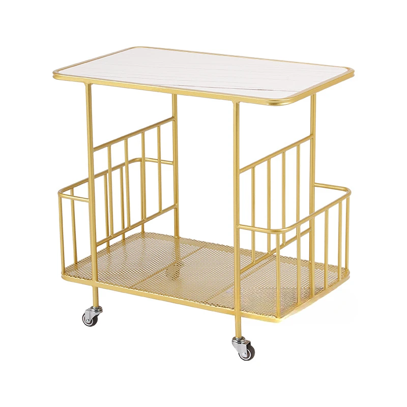 Modern Minimalist Golden Iron Shelf with Wheels Sintered Stone table Movable Mini Coffee Table Trolley Living Room Storage Rack