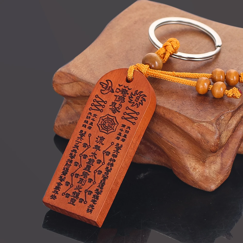 Carved Peach Wood Tai Sui Amulet Pendant Chinese Feng Shui Protection Lucky Talisman Keychain for Car Bag Key Ring Gift