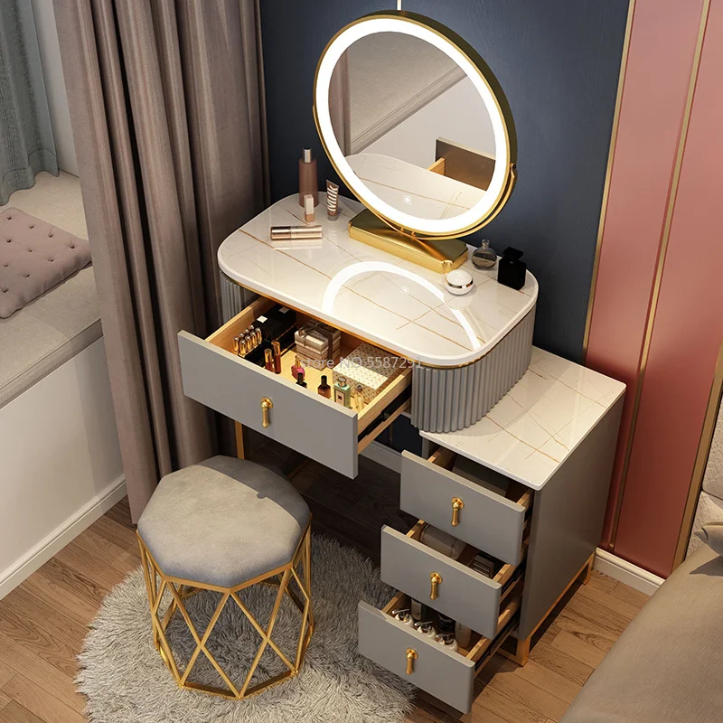 Meuble de maquillage en ardoise avec miroirs pour filles, vanité de maquillage minimaliste intégrée, armoire de rangement de chevet pour chambre à