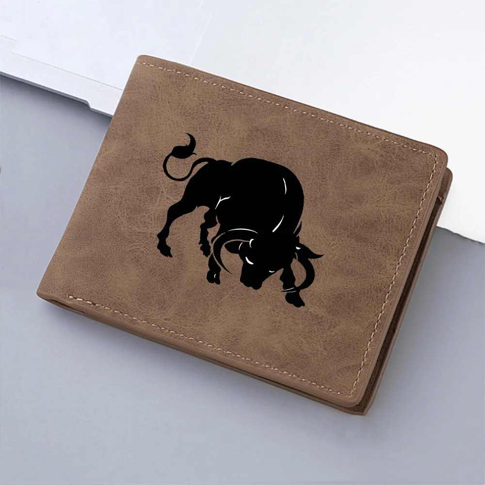Men's Mini Short Wallet with Bull Pattern Zipper Coin Pocket Multi-Slot Card Holder Ideal Gift for Youth Student